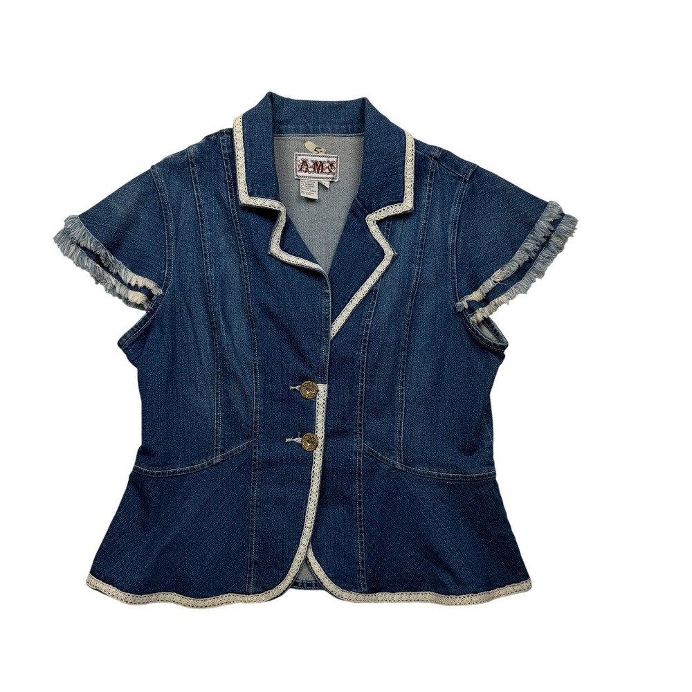 Y2K AMX Denim Peplum Blazer Jacket Lace Trim Frayed Sleeve M